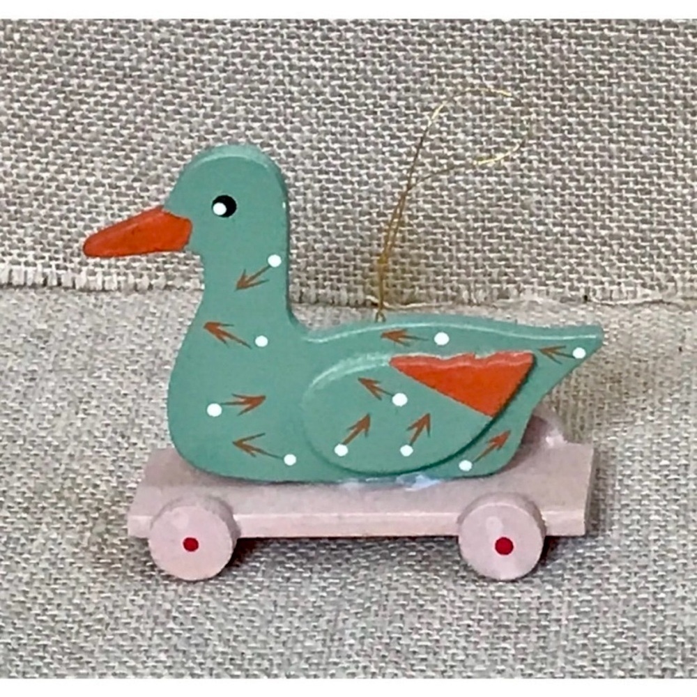 Vintage Russ Green Duck Pull Toy Christmas Ornament Cottagecore Farmhouse